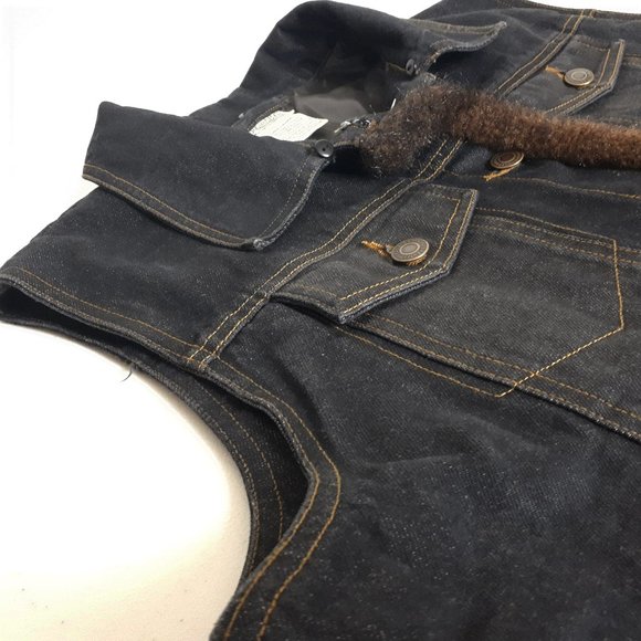 St. John's Bay Black Light-wash Denim Brown Faux Fur Trim Vest - Picture 3 of 14